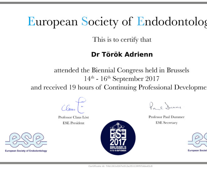 Dr. Török Adrienn, mikroszkópos gyökérkezelés oklevél - Society of Endodontology certificate